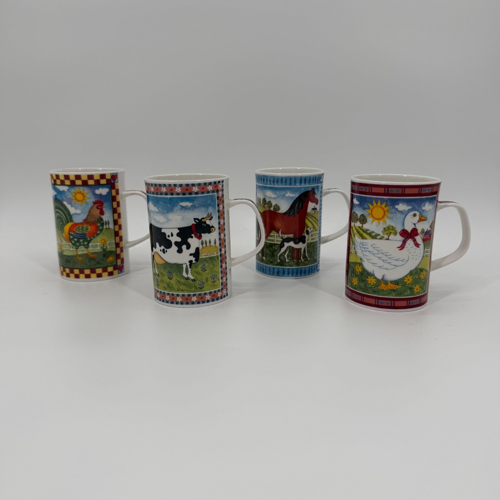 Dunoon Barnyard Mugs Jane Brookshaw Fine Bone China England Set of 4 Cow Horse